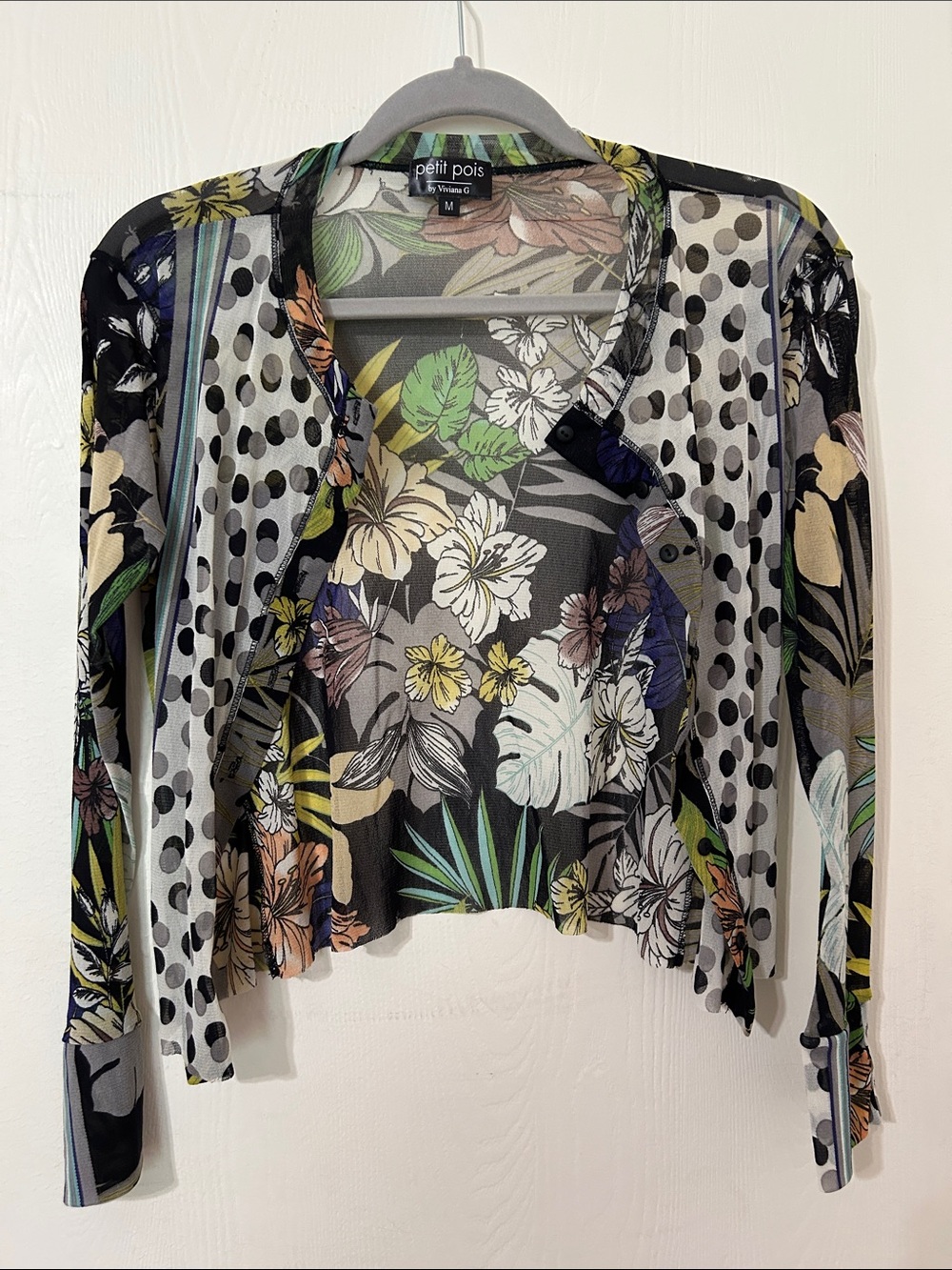 petit pois Floral Mesh Cardigan - Black Multicolor
